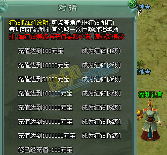 传奇网页游戏红钻各等级所需充值